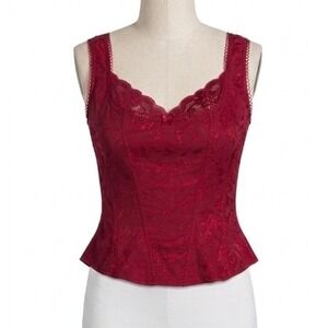 Arianne Red Floral Jacquard Corset Cami Lace Trim Top XL Coquette Whimsigoth